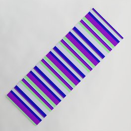 [ Thumbnail: Lavender, Green, Dark Violet, and Blue Colored Lined/Striped Pattern Yoga Mat ]