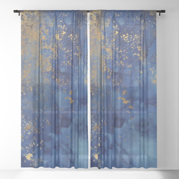 Night Blue And Gold Marbled Texture Sheer Curtain