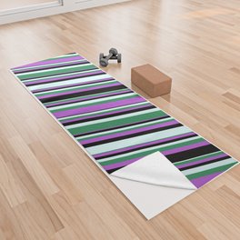 [ Thumbnail: Orchid, Black, Light Cyan, and Sea Green Colored Lined/Striped Pattern Yoga Towel ]
