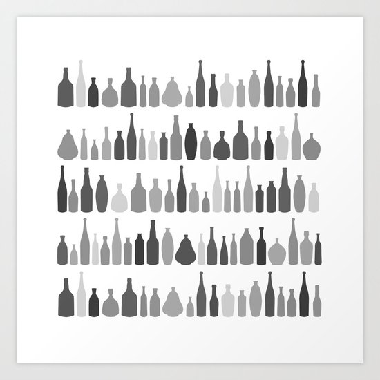 Bottles Black and White on White Art Print