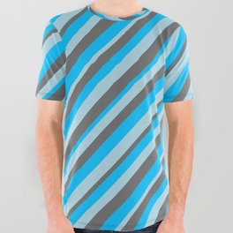 [ Thumbnail: Deep Sky Blue, Light Blue, and Dim Grey Colored Striped/Lined Pattern All Over Graphic Tee ]