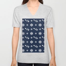 Christmas Pattern White Navy Blue Floral Snowflake V Neck T Shirt