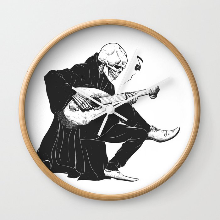Minstrel playing guitar,grim reaper musician cartoon,gothic skull,medieval skeleton,death poet illus Wall Clock