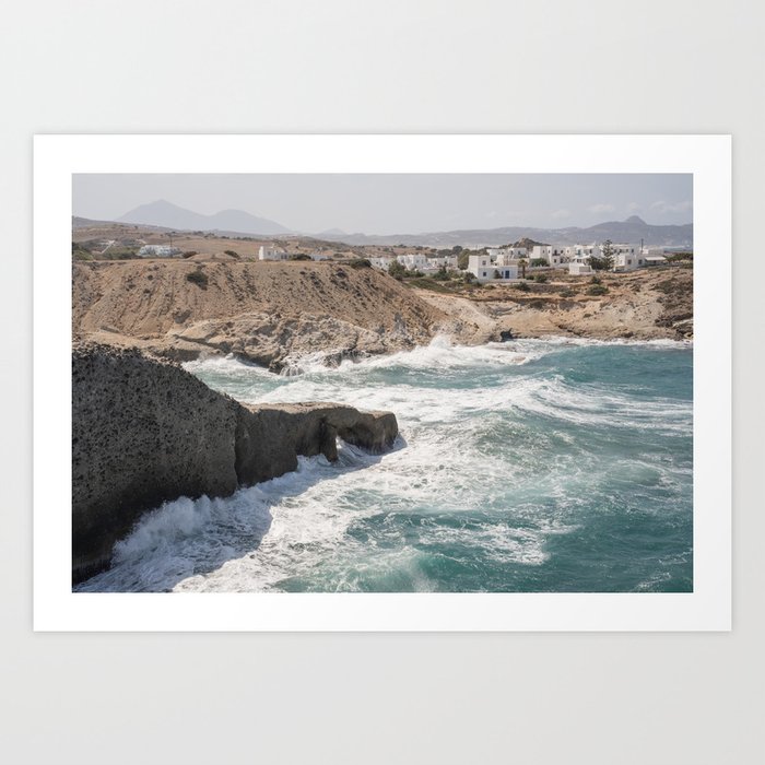 Wavy Greek island / Milos land view, turquoise sea, beige sandy rocks, white houses / Greece Art Print