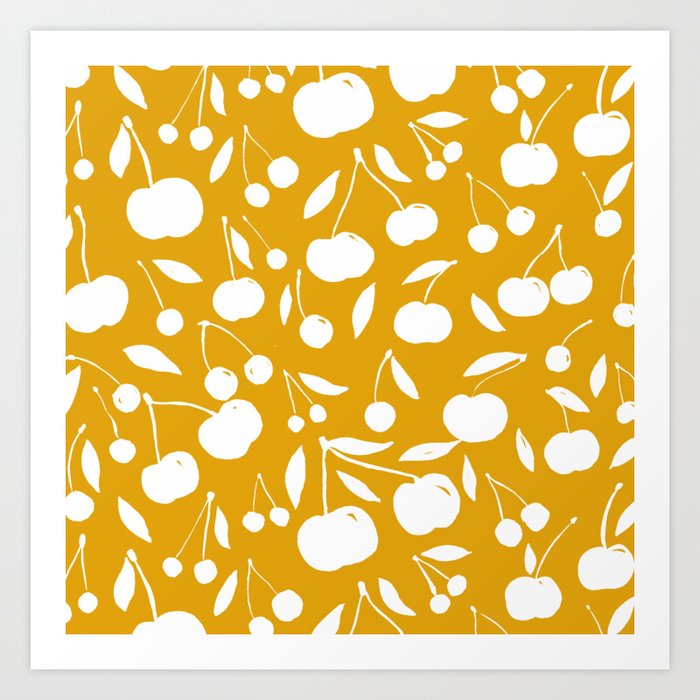Cherries pattern - yellow ochre Art Print
