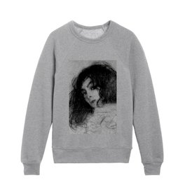 Gustav Klimt Sketch Black & White Abstract Halftone Edit Girl with Dark Wavy Hair Drawing Kids Crewneck