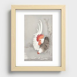Japanese  Painting of Rooster and chicken Vintage Rooster and chicken Painting Watercolor Painting of Bird Recessed Framed Print