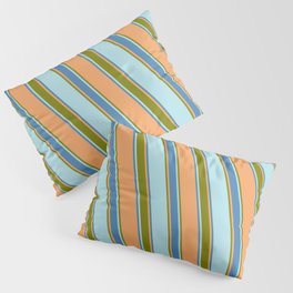 [ Thumbnail: Brown, Green, Powder Blue & Blue Colored Stripes Pattern Pillow Sham ]