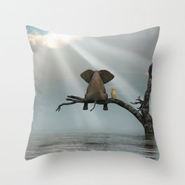 elephant and dog sit on a tree during a flood Throw Pillow