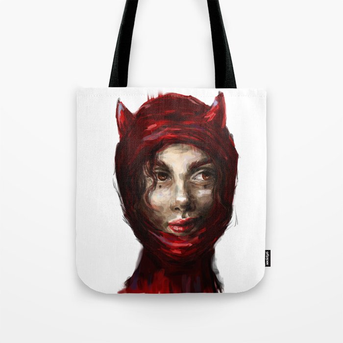 cunning girl lucifer in a red balaclava Tote Bag