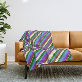 [ Thumbnail: Colorful Cornflower Blue, Dark Orchid, Brown, Beige & Green Colored Lined/Striped Pattern Throw Blanket ]