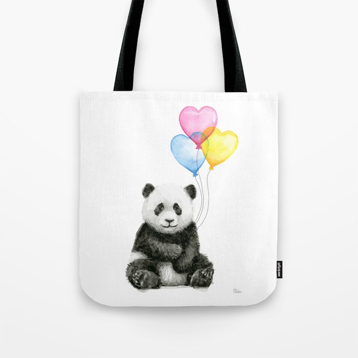 Panda Baby with Heart-Shaped Balloons Whimsical Animals Nursery Decor Tote Bag