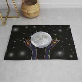 Womans hands holding the moon on a starry night Area & Throw Rug