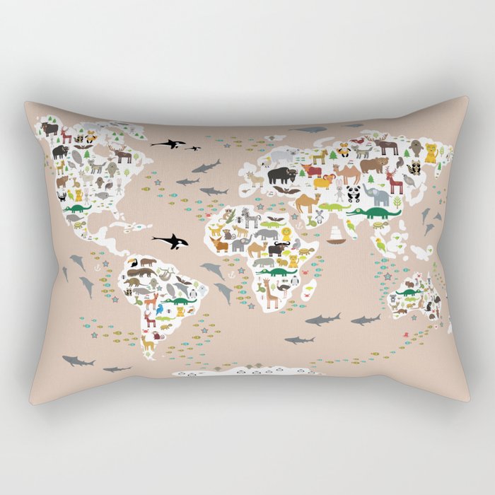 Cartoon world map for children, kids, Animals from all over the world, back to school, rosybrown Rectangular Pillow