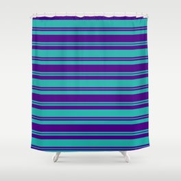 [ Thumbnail: Light Sea Green & Indigo Colored Stripes Pattern Shower Curtain ]
