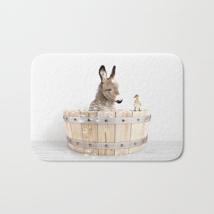 Baby Donkey in a Wooden Bathtub, Donkey Taking a Bath, Bathtub Animal Art Print By Synplus Bath Mat
