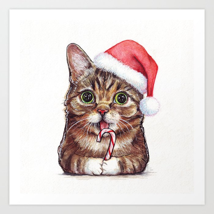 Christmas Cat in Santa Hat Whimsical Holiday Animals Art Print
