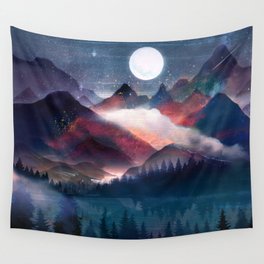 Mountain Lake Under the Stars Wall Tapestry | Abstract, Stars, Lake, Forest, Peak, Curated, Landscape, Mountains, Adventure, Moon 