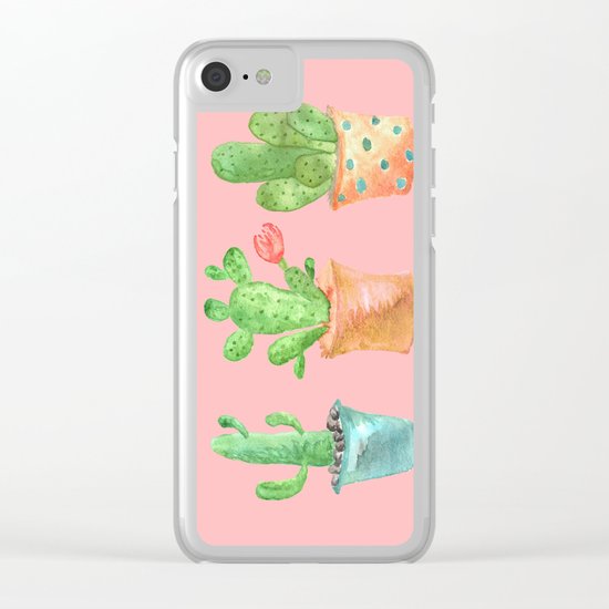 Three Green Cacti On Pink Background Clear iPhone Case