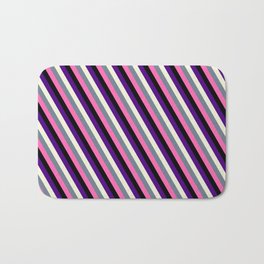 [ Thumbnail: Vibrant Indigo, Beige, Slate Gray, Hot Pink, and Black Colored Striped/Lined Pattern Bath Mat ]