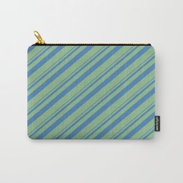 [ Thumbnail: Blue and Dark Sea Green Colored Lined/Striped Pattern Carry-All Pouch ]