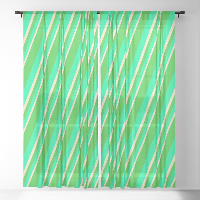 Lime Green, Green & Bisque Colored Stripes Pattern Sheer Curtain