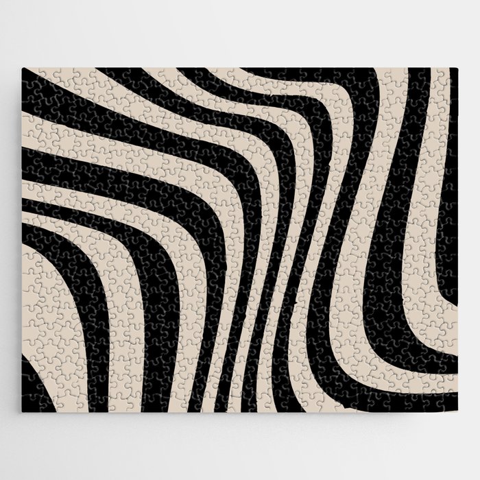 Wavy Pattern Retro Abstract Modern Black and Cream Jigsaw Puzzle