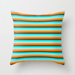 [ Thumbnail: Eyecatching Cyan, Powder Blue, Dark Orange, Brown, and Black Colored Striped Pattern Throw Pillow ]