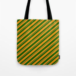 [ Thumbnail: Dark Orange and Dark Green Colored Striped/Lined Pattern Tote Bag ]