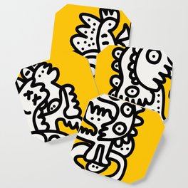 Black and White Cool Monsters Graffiti on Yellow Background Coaster
