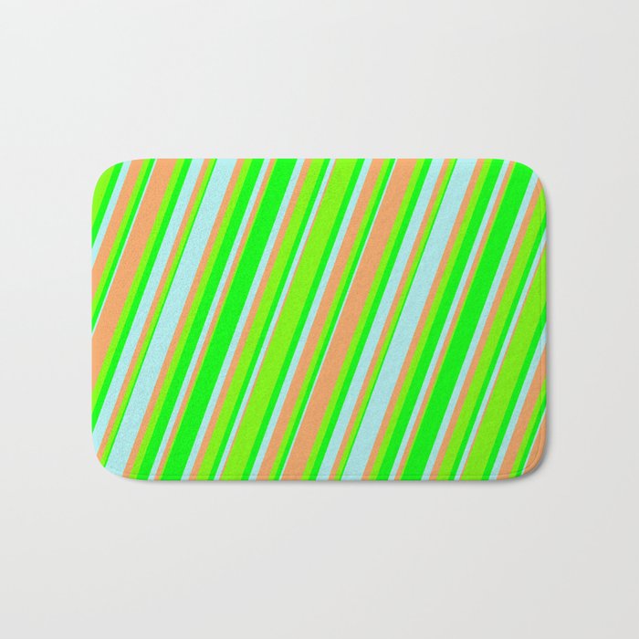 Turquoise, Brown, Green, and Lime Colored Lines Pattern Bath Mat