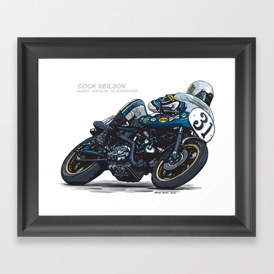 Cook Neilson & Ducati "Old Blue" 750 Supersport Vintage Motorcycle Artwork Framed Art Print