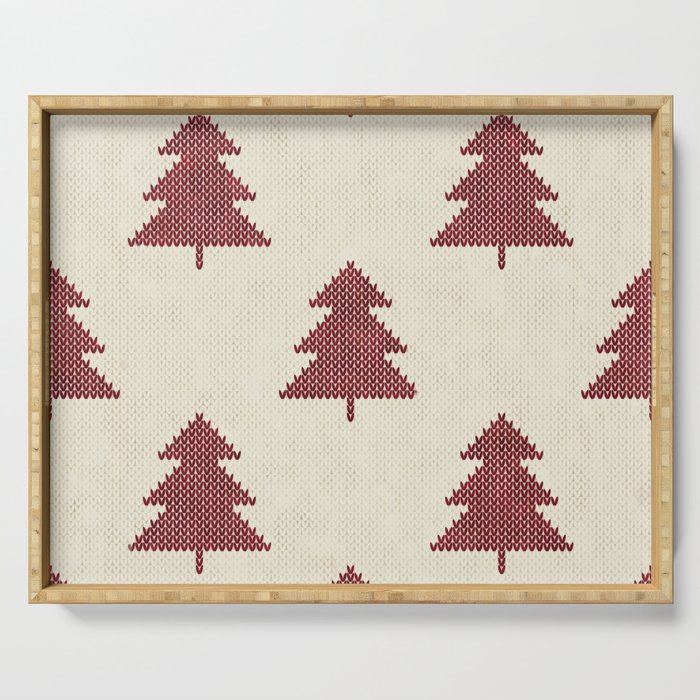 Cozy Boho Nordic Knitted Christmas Tree Pattern Neutral and Red Serving Tray