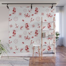 Red Silhouettes Of Vintage Nautical Pattern Wall Mural