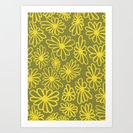 Groovy Floral - Olive with Citron Daisies Art Print