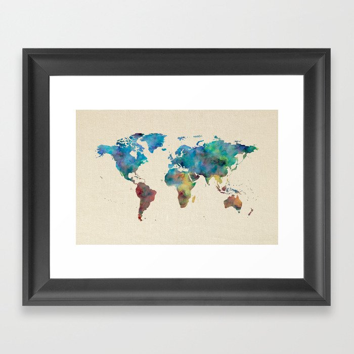 World Map Watercolor Linen Blue Red Yellow Green Framed Art Print