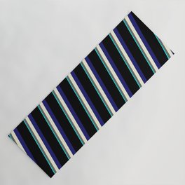 [ Thumbnail: Eye-catching Aqua, Dim Gray, Beige, Midnight Blue & Black Colored Stripes Pattern Yoga Mat ]