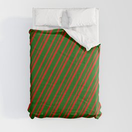 [ Thumbnail: Dark Green & Red Colored Lines Pattern Comforter ]
