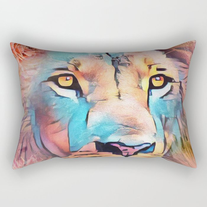 Colorful Lion Full Mane Surrounded by Flowers Rectangular Pillow
