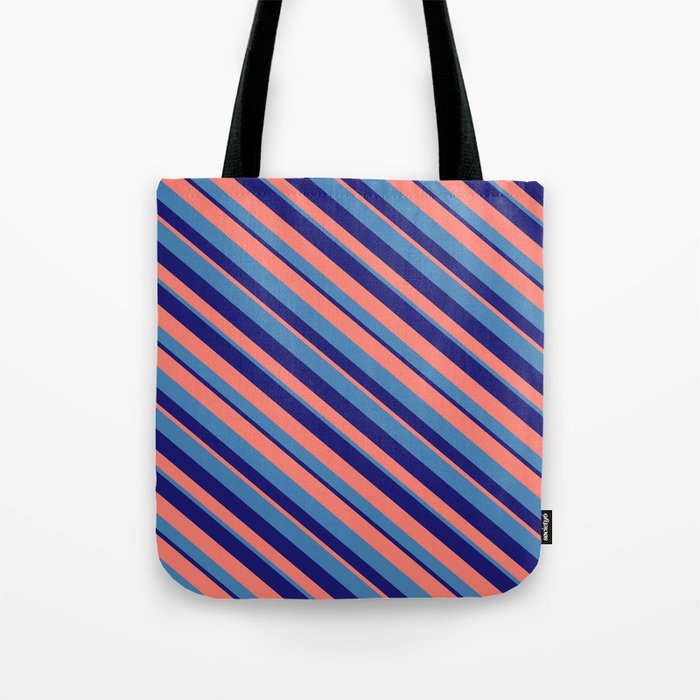 Blue, Midnight Blue, and Salmon Colored Stripes Pattern Tote Bag