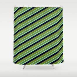 [ Thumbnail: Green, Light Sky Blue, and Black Colored Lined/Striped Pattern Shower Curtain ]