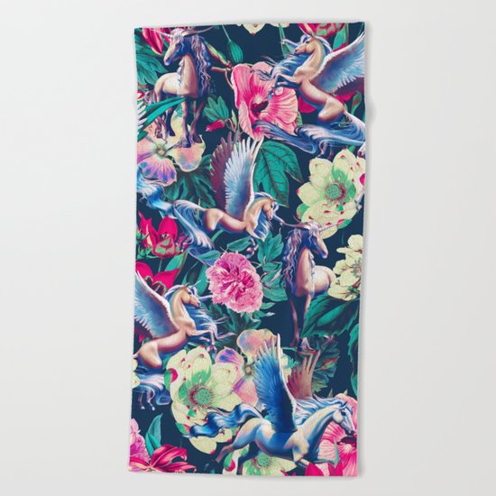 Unicorn and Floral Pattern Beach Towel