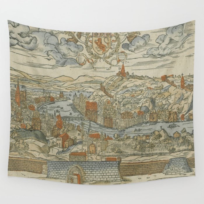 Vintage Pictorial Map of Lyon France (1555) Wall Tapestry