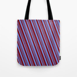 [ Thumbnail: Dark Red & Cornflower Blue Colored Lined/Striped Pattern Tote Bag ]