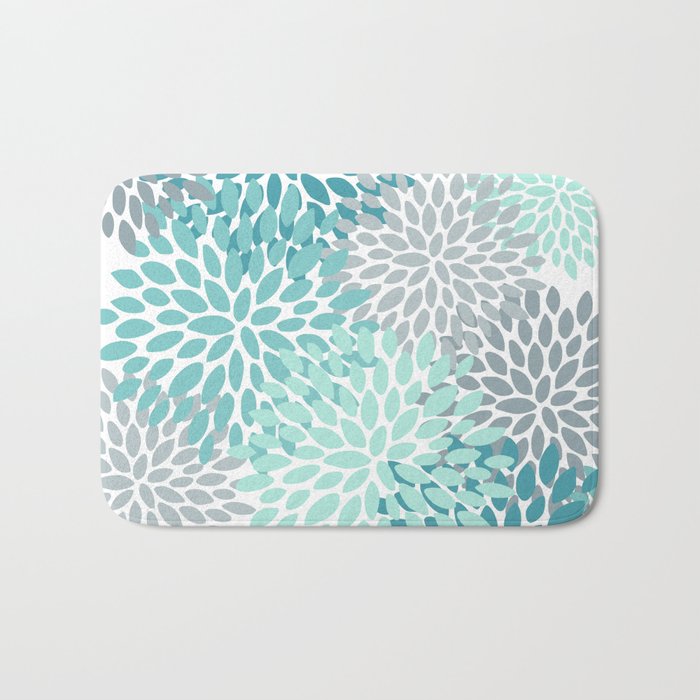 Floral Pattern, Aqua, Teal, Turquoise and Gray Bath Mat by Megan Morris