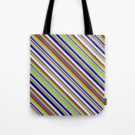 [ Thumbnail: Blue, Light Cyan, Brown, Green, and Grey Colored Striped Pattern Tote Bag ]