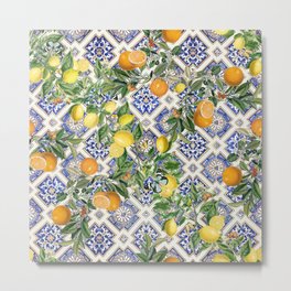 Sicilian Citrus, Mediterranean tiles & vintage lemons & orange fruit pattern Metal Print
