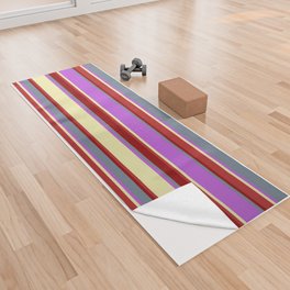 [ Thumbnail: Eyecatching Slate Gray, Orchid, Pale Goldenrod, Red, and Dark Red Colored Lines/Stripes Pattern Yoga Towel ]