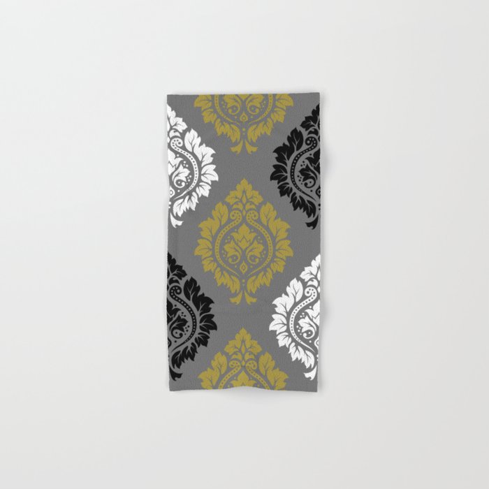 Decorative Damask Pattern Bw Gray Gold Hand Bath Towel By
