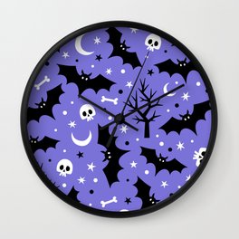 Seamless Halloween Pattern Of Bats, Moons, Skulls And Trees. Wall Clock